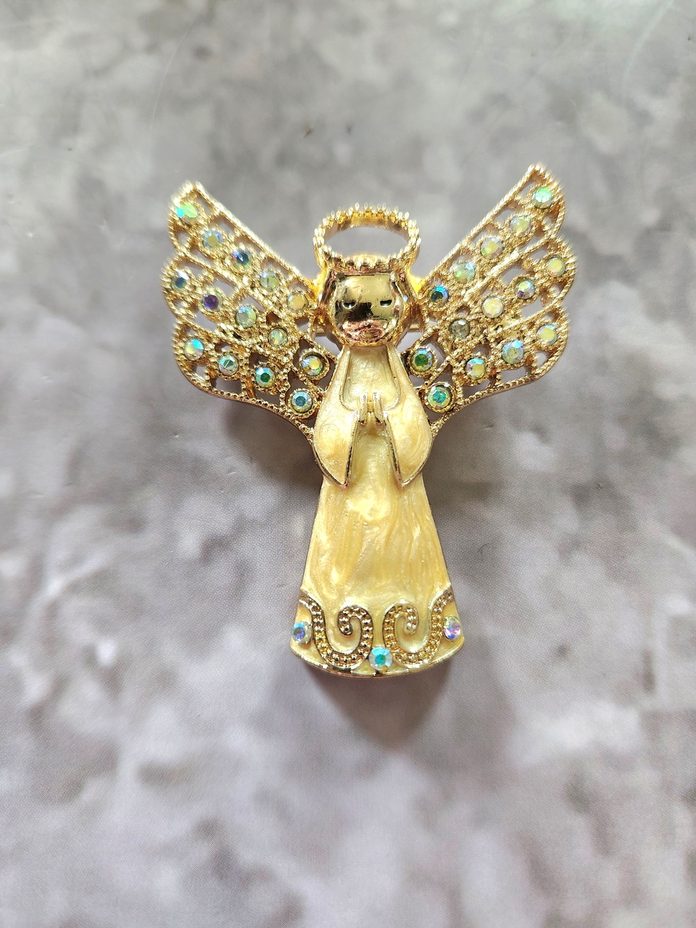 Monet Angel Pin Brooch Goldtone Enamel And AB Aurora Borealis Jeweled Stones